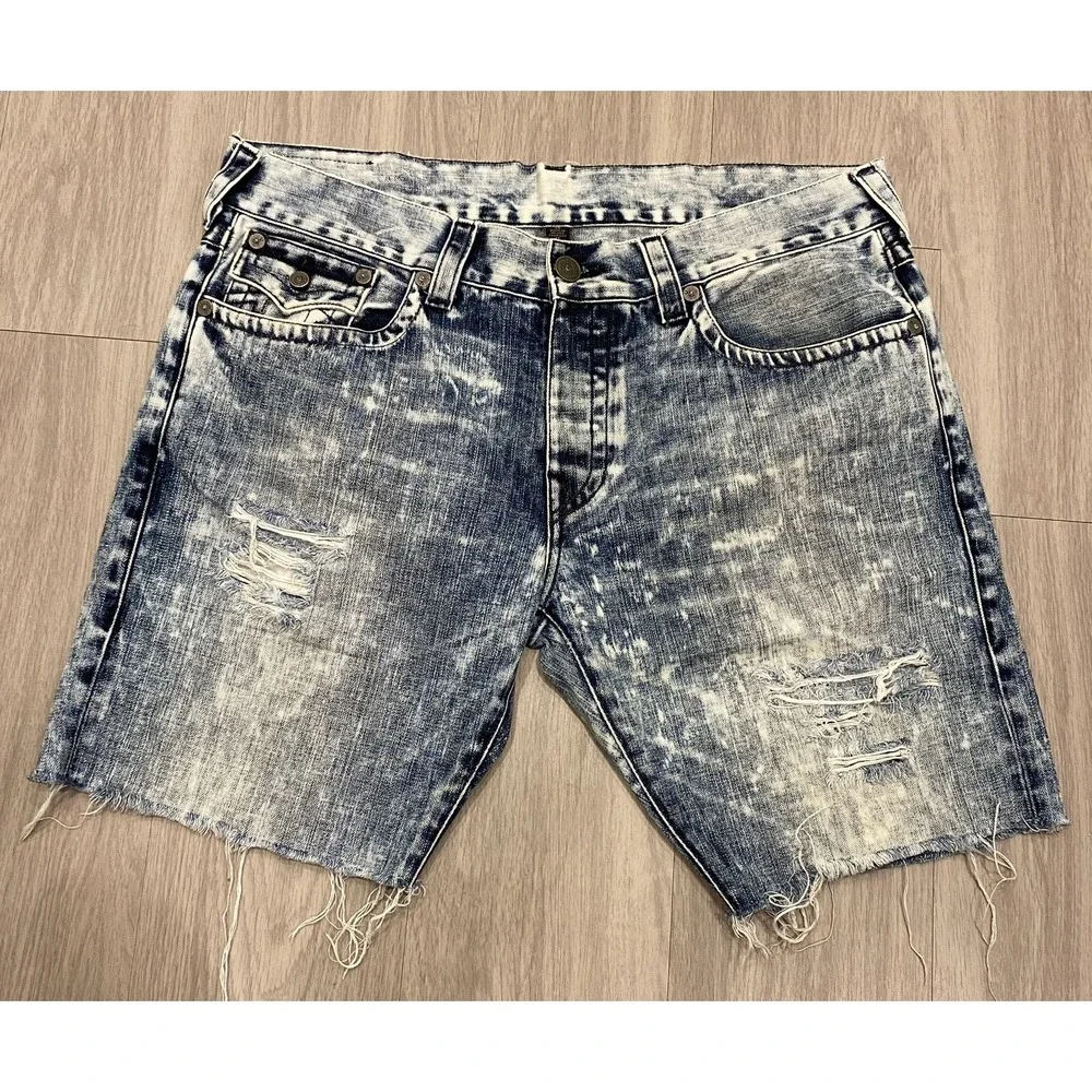 True Religion Jeans Shorts Mens 38 Ricky Relaxed Super T Flap Acid Wash Denim